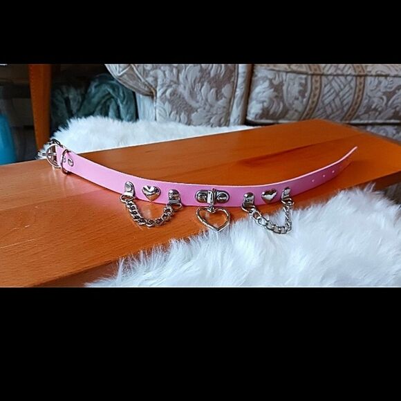 Pink Silver Heart Shaped Choker Necklace, PINK Silver Heart Pendant Choker - Picture 11 of 12